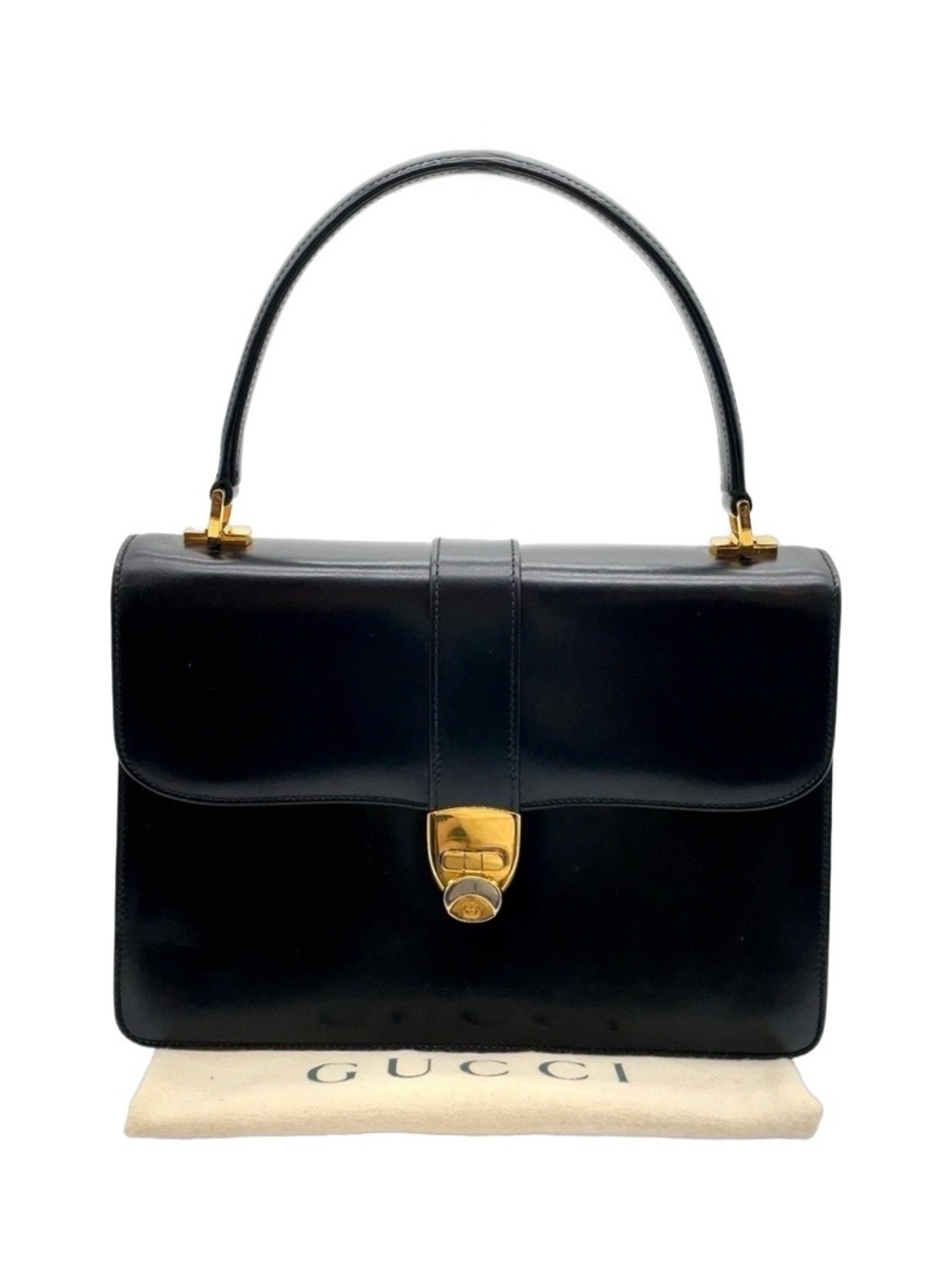 Vintage Gucci Black Leather Structured Top Handle Handbag GG Clasp